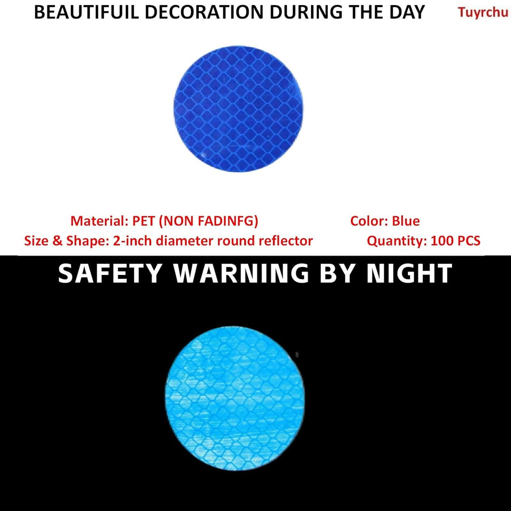 Non Fading Blue Reflective Stickers 2-inch Diameter Round Reflector, Outdoor Waterproof High Visibility Warning Adhesive Tape (100 Pcs)