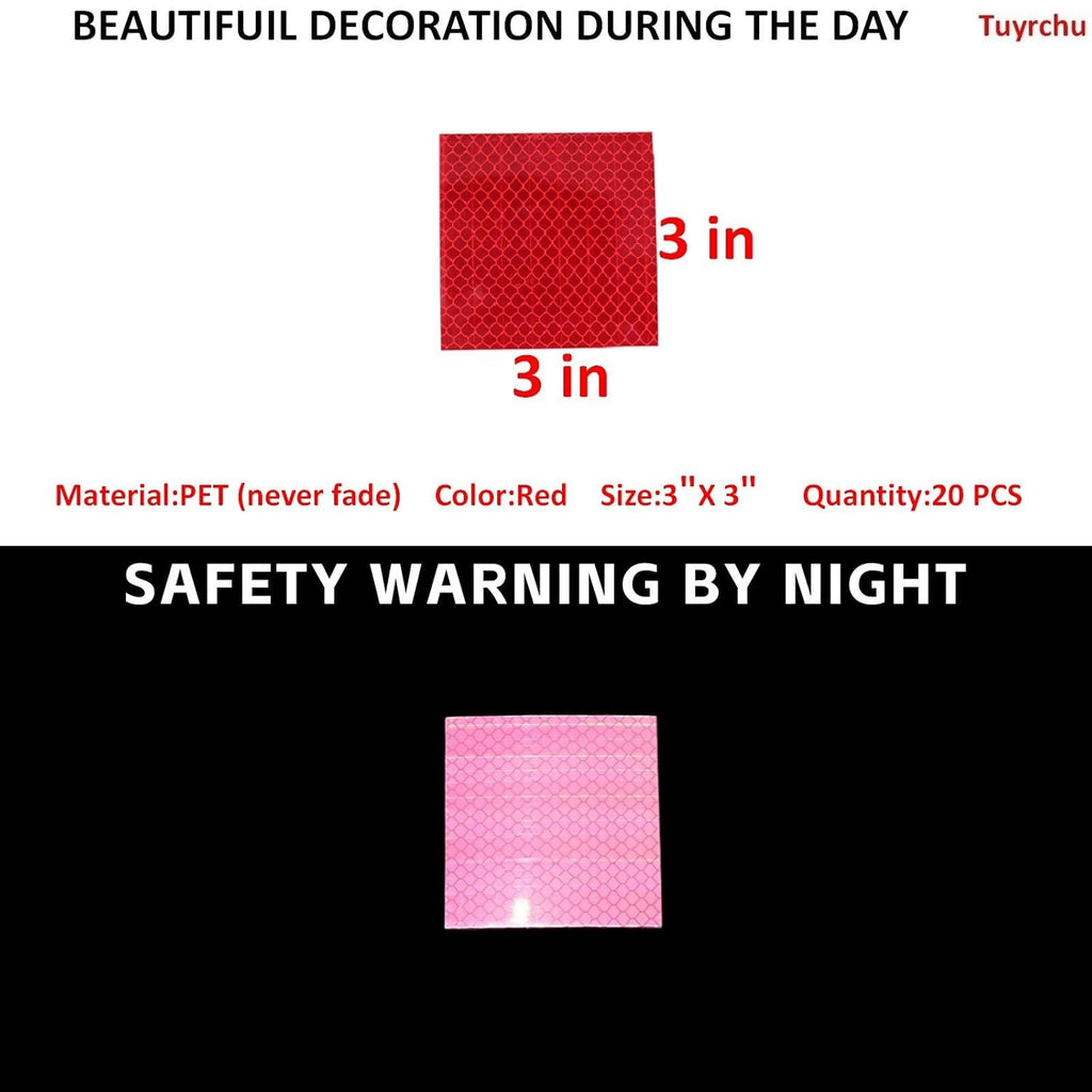 Non Fading Red Reflective Stickers 3 inch X 3 inch, Outdoor Waterproof High Visibility Warning Safety Adhesive Reflector Tape (20 Pcs)