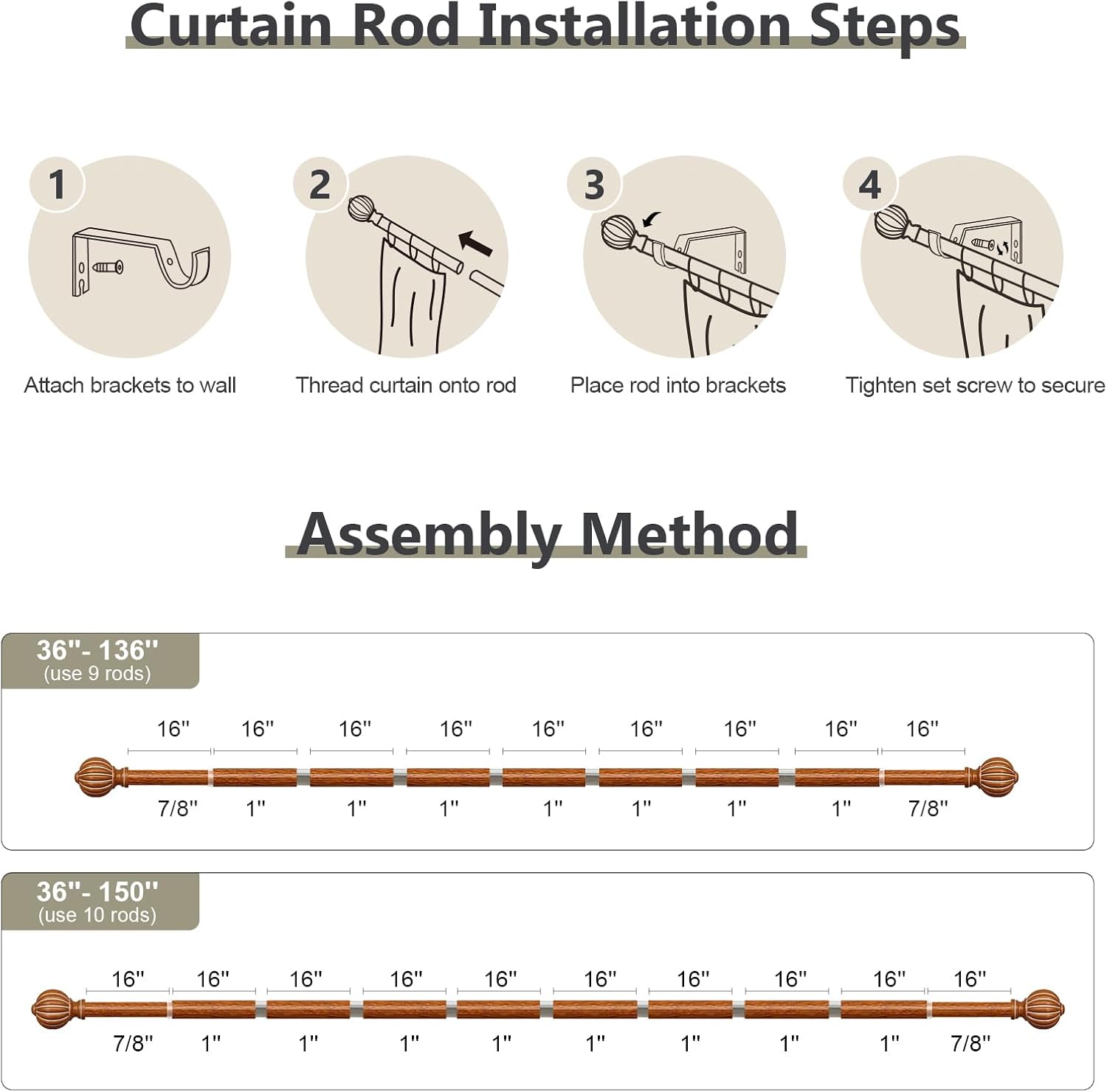 Reddish-Brown Wood Curtain Rods for Windows 72 to 144 Inch, 1'' Adjustable Heavy Duty Curtain Rod，Vintage Imitation Wood Decorative Drapery Rods with Pumpkin Finials for Bedroom Living Room