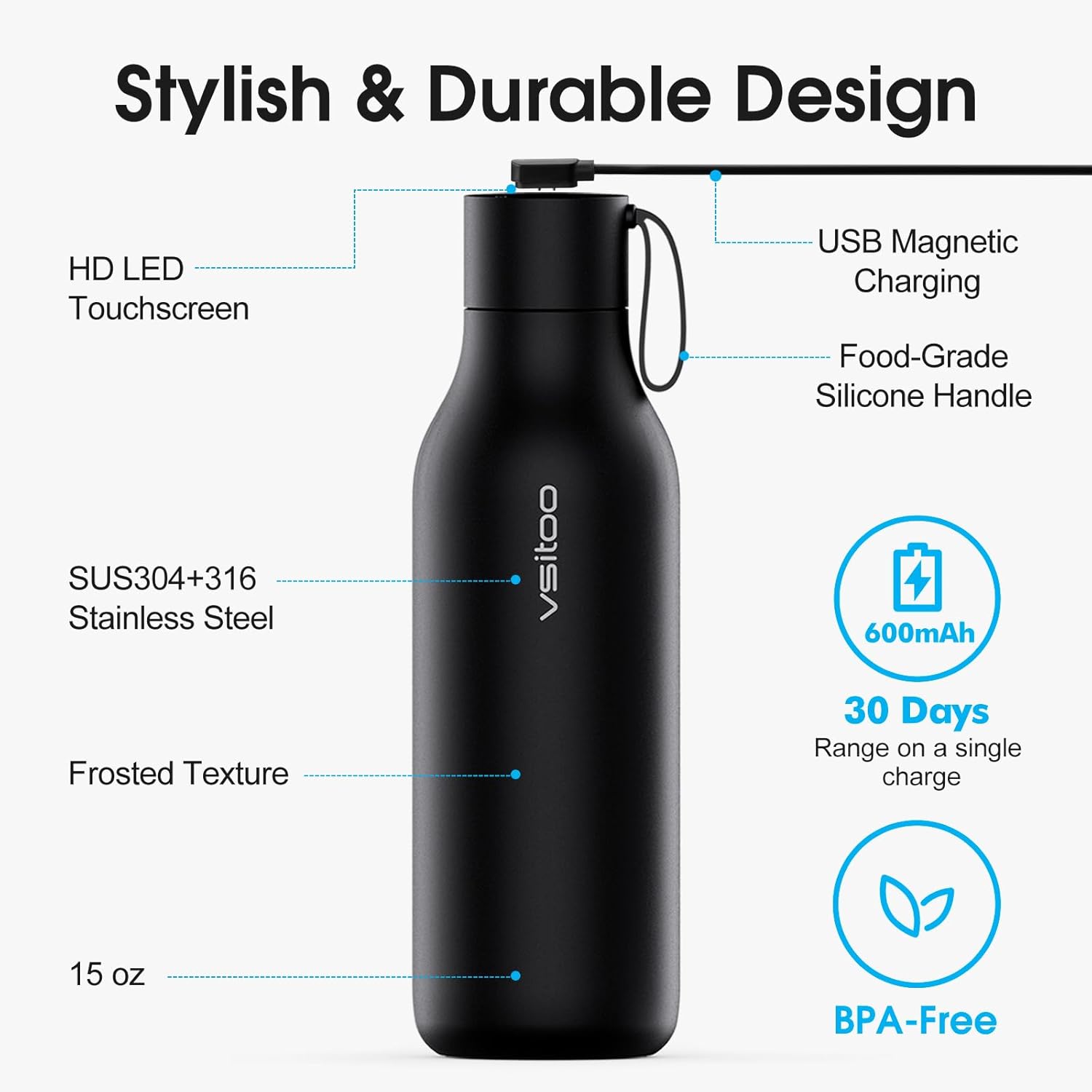 VSITOO 33oz Smart Self Cleaning Water Bottle，Insulated Water Bottle with Stainless Steel, BPA-Free, AI Self-Clean, 30-Day Battery, Magnetic Charging for Travel, Gym or Office, Black