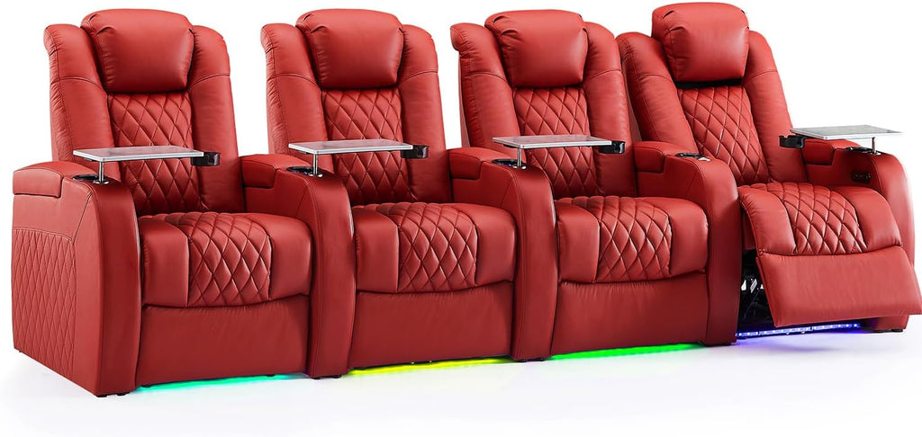 Weilianda Home Theater Seating Top Grain Leather Zero Gravity Recliner Chair Power Headrest Recline Movie Seat Gaming 7 Colors Mood Light Sofa with Tray Table USB Charge Row of 4 Red
