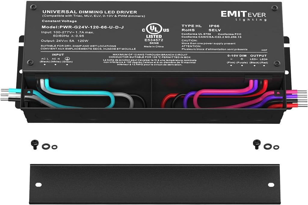 EMITEVER Dimmable Led Driver, 2 Packs 120W AC 110V-277V to DC 24V Transformer, 5-in-1 Dimming: ELV/MLV/TRIAC / 0-10V / 1-10V / 10V PWM/Potentiometer, Waterproof IP67 and UL Listed