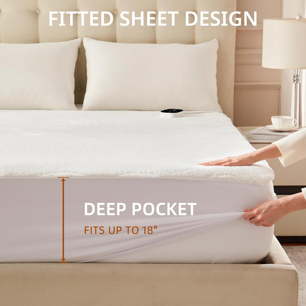 Bwarm Multizone Heated Mattress Pad Cal King, Electric Mattress Pad Sherpa Fleece Bed Warmer with 9 Heat Settings, 1-12 Hours Auto Off Deep Pocket, Machine Washable, Wave White Cal King 72" x 84"