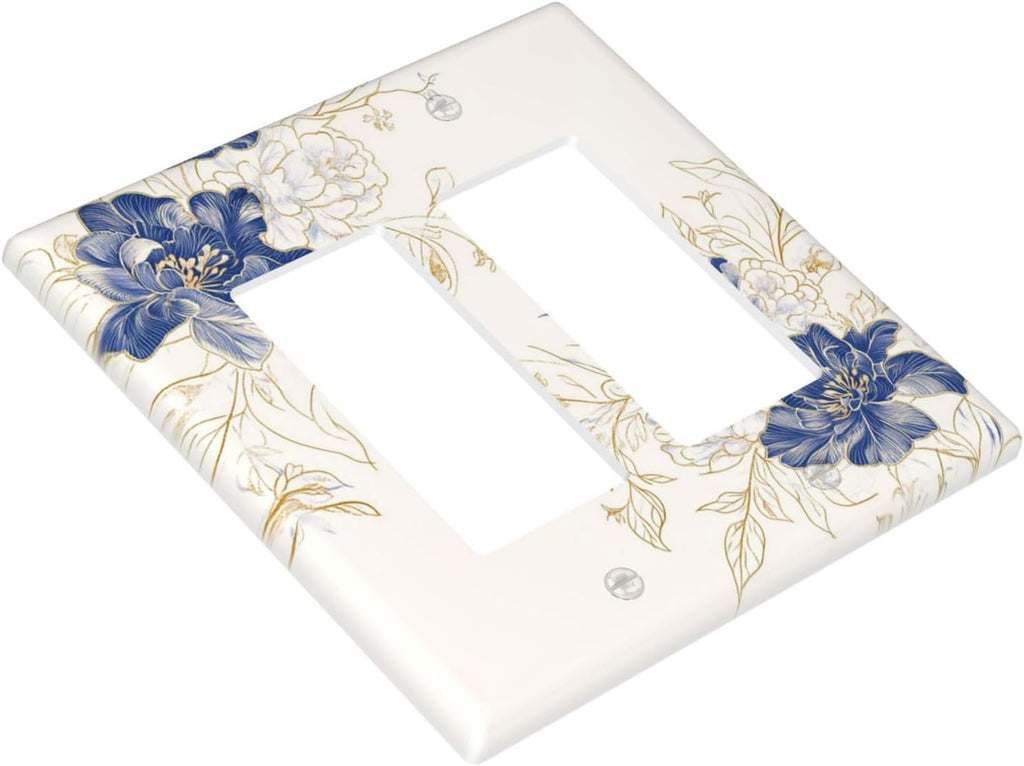 Decorative Outlet Covers Rustic Blue Flower Floral Gold Leaf 2 Gang Light Switch Cover Plate Double Rocker Wall Plates for Electrical Outlets Switch Plate Covers for Bedroom Home Decor