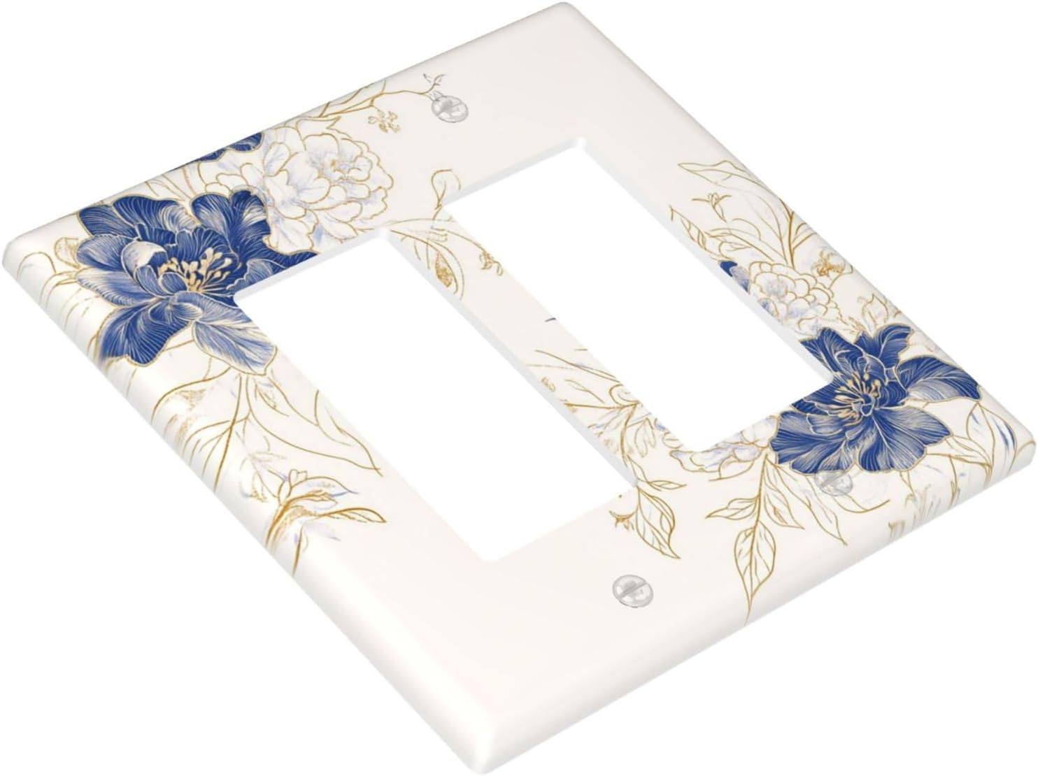 Decorative Outlet Covers Rustic Blue Flower Floral Gold Leaf 2 Gang Light Switch Cover Plate Double Rocker Wall Plates for Electrical Outlets Switch Plate Covers for Bedroom Home Decor