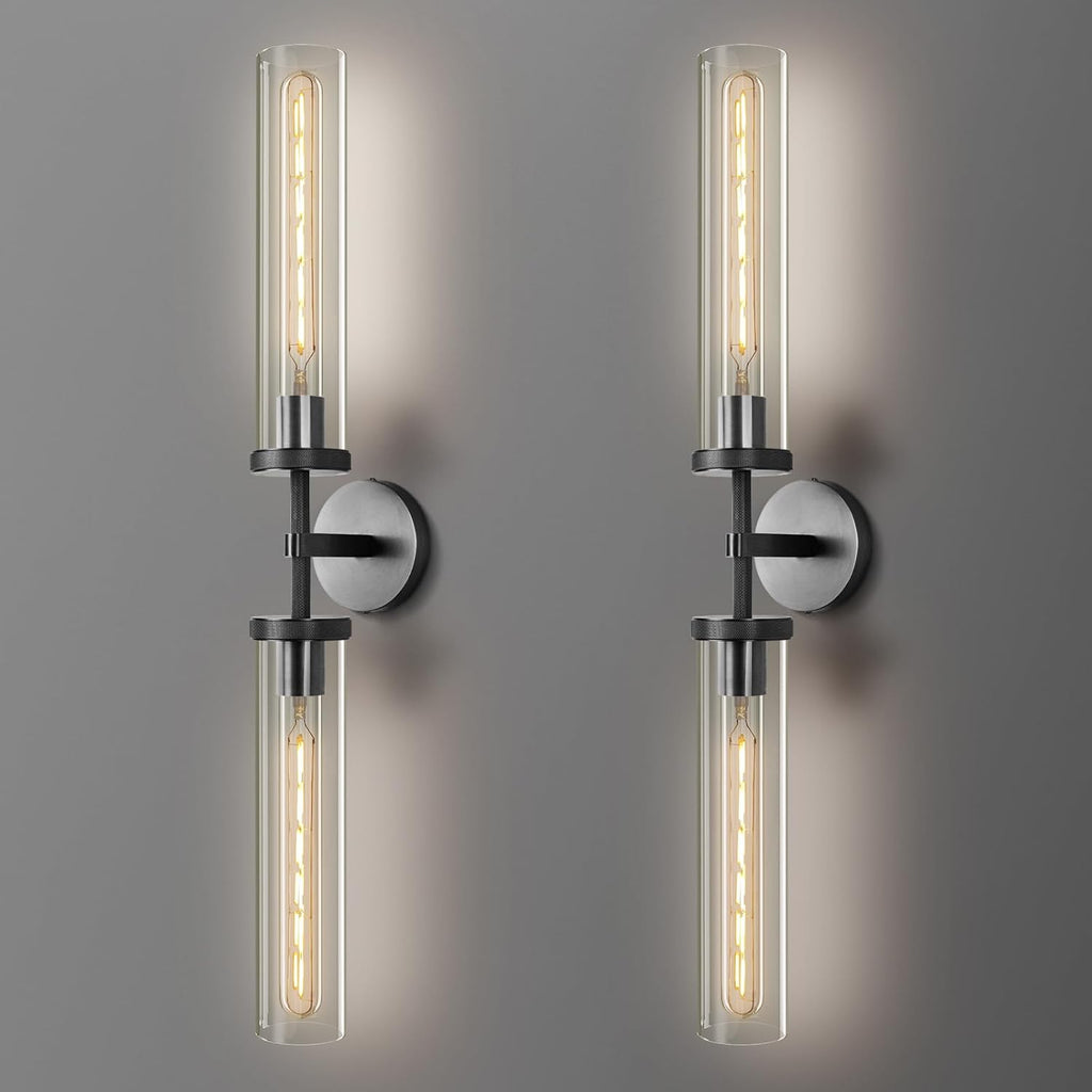Black Wall Sconces Set of Two, 30" Modern Wall Lighting, Double Lights with Clear Glass Tubes, Knurled Vanity Light for Bathroom, Living Room, Bedroom, Hardwired (Including Bulb)