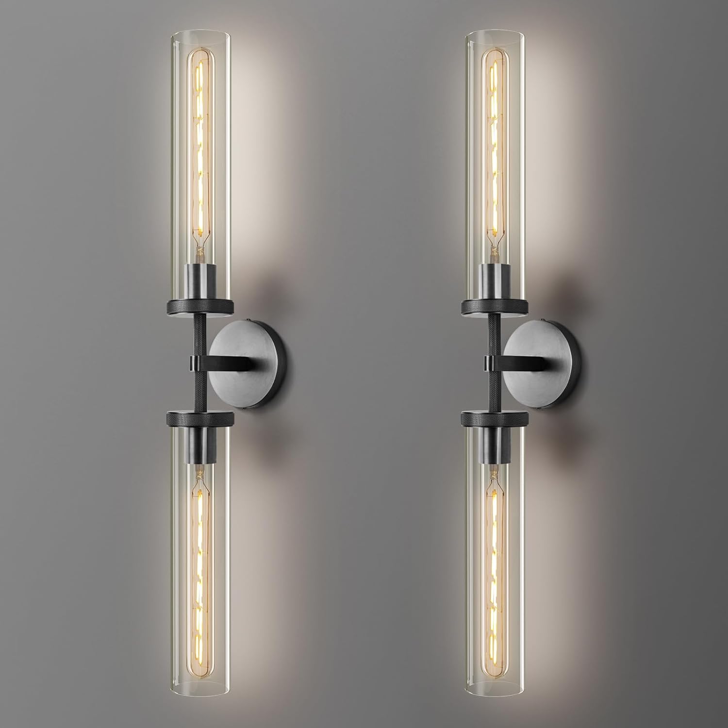 Black Wall Sconces Set of Two, 30" Modern Wall Lighting, Double Lights with Clear Glass Tubes, Knurled Vanity Light for Bathroom, Living Room, Bedroom, Hardwired (Including Bulb)