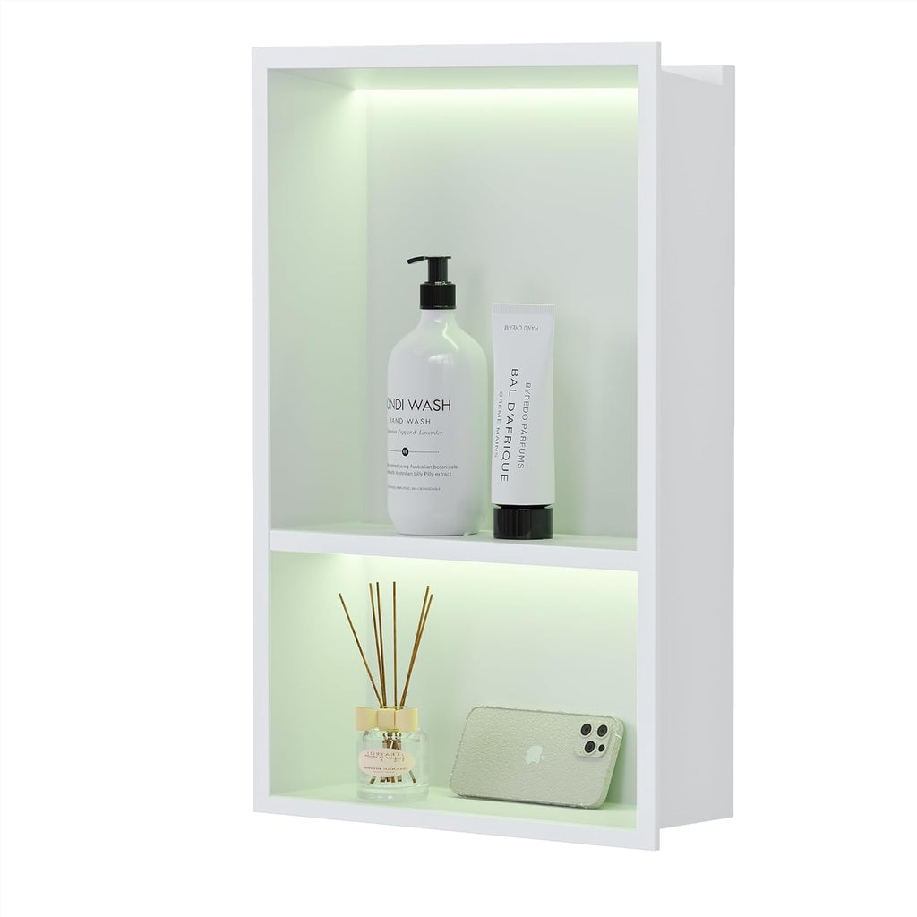 Stainless Steel Shower Niche 12" X 18", No Tile Needed Wall Niche with RGB Led Light, Recessed Shower Shelf for Bathroom Storage Over Mount Installation, Matte White