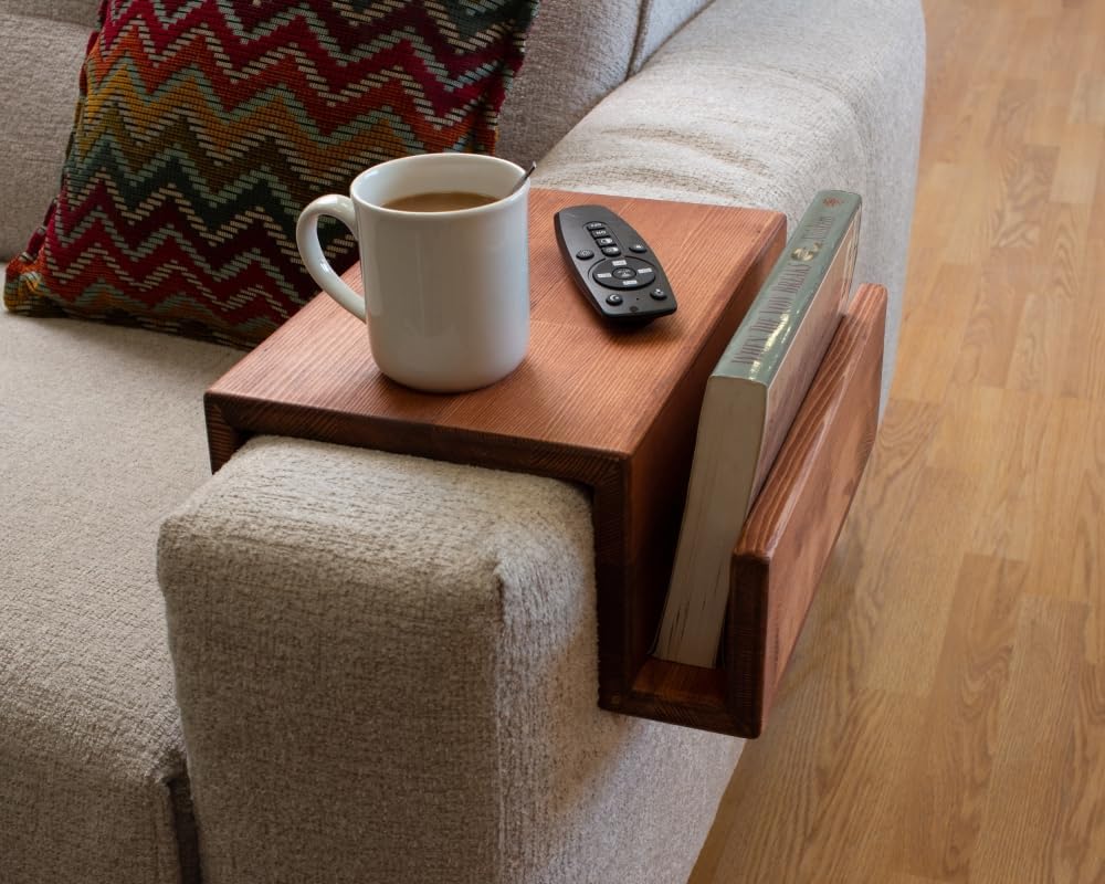 Wooden Couch Arm Tray – Sofa Armrest Table with Book & Magazine Holder, Perfect for Coffee & Remote Control, Solid Wood (Paris)