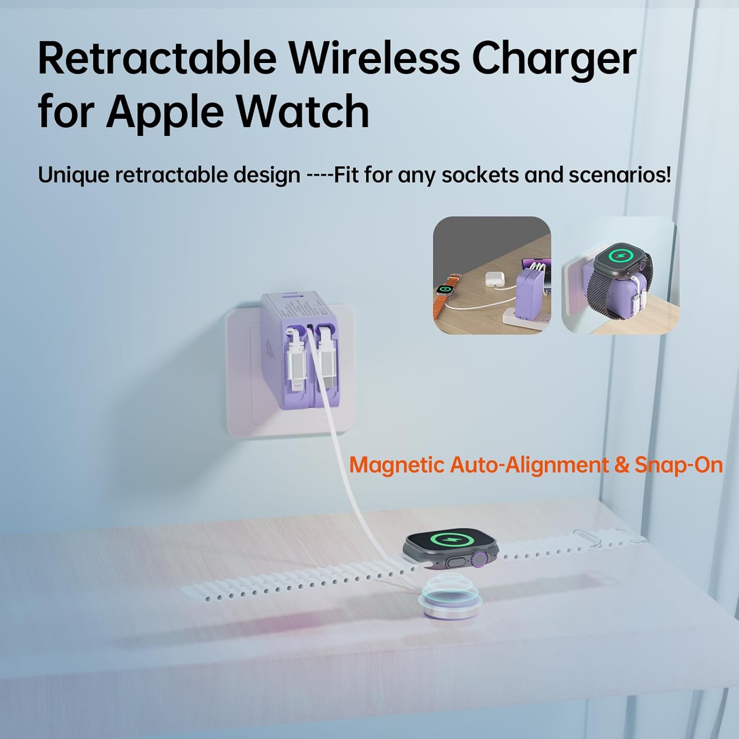 Retractable Apple Watch Charger, 5 in 1 Travel Charging Station for Apple Devices, Retractable Chargers for Multiple Devices with Multi Charging Cable, Charger Block for Apple Gear (Purple)