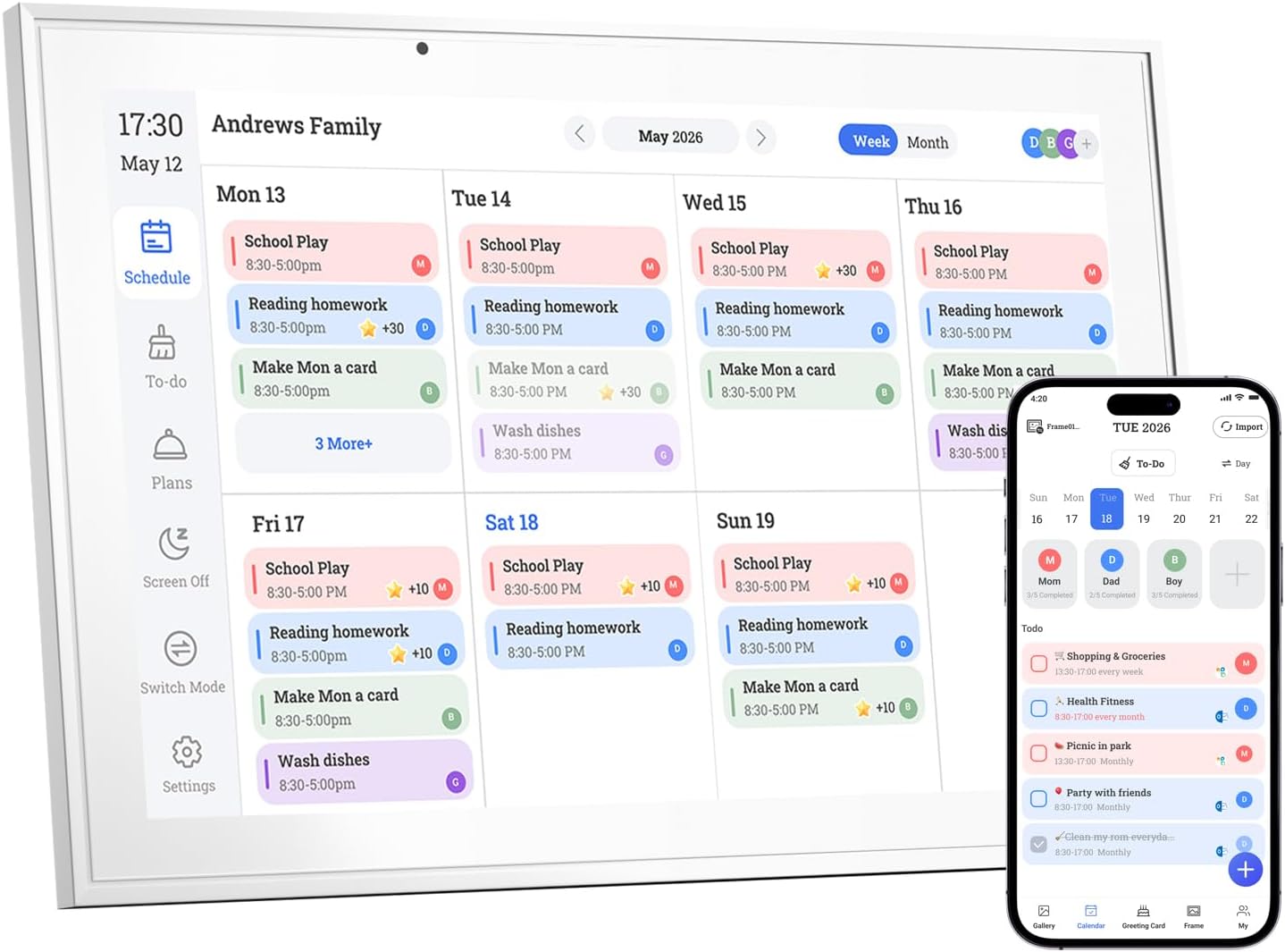 10.1 Inch Digital Calendar & Chore Chart – Interactive Touchscreen Wall Planner, Smart Family Organizer for Family Schedules, Desktop and Wall Mountable, White