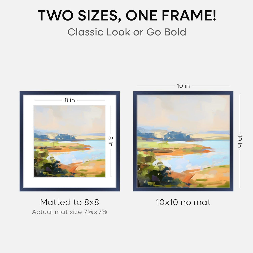 Homeforia 10x10 Picture Frame Navy Blue, High End Metal 10 by 10 Square Frames with Mat 8 x 8 Photo, 10by10 Poster Frame Matted to 8x8 Print, Wall or Tabletop Frame, Tempered Glass, Wall Kit, Set of 1