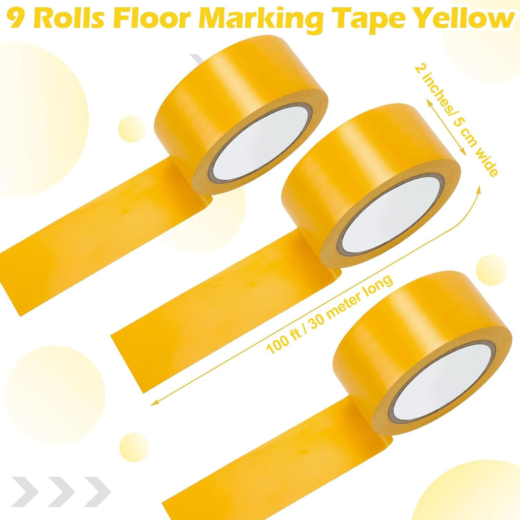 Outus Floor Marking Tapes 2" Width 100' Length Yellow Durable Non Abrasive Tough Floor Tape for Social Distancing, Gyms, Athletics, School, Restaurants, Equipment, Heavy Foot Traffic(9 Rolls)