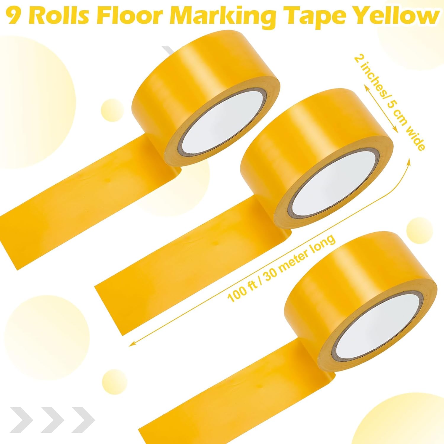 Outus Floor Marking Tapes 2" Width 100' Length Yellow Durable Non Abrasive Tough Floor Tape for Social Distancing, Gyms, Athletics, School, Restaurants, Equipment, Heavy Foot Traffic(9 Rolls)