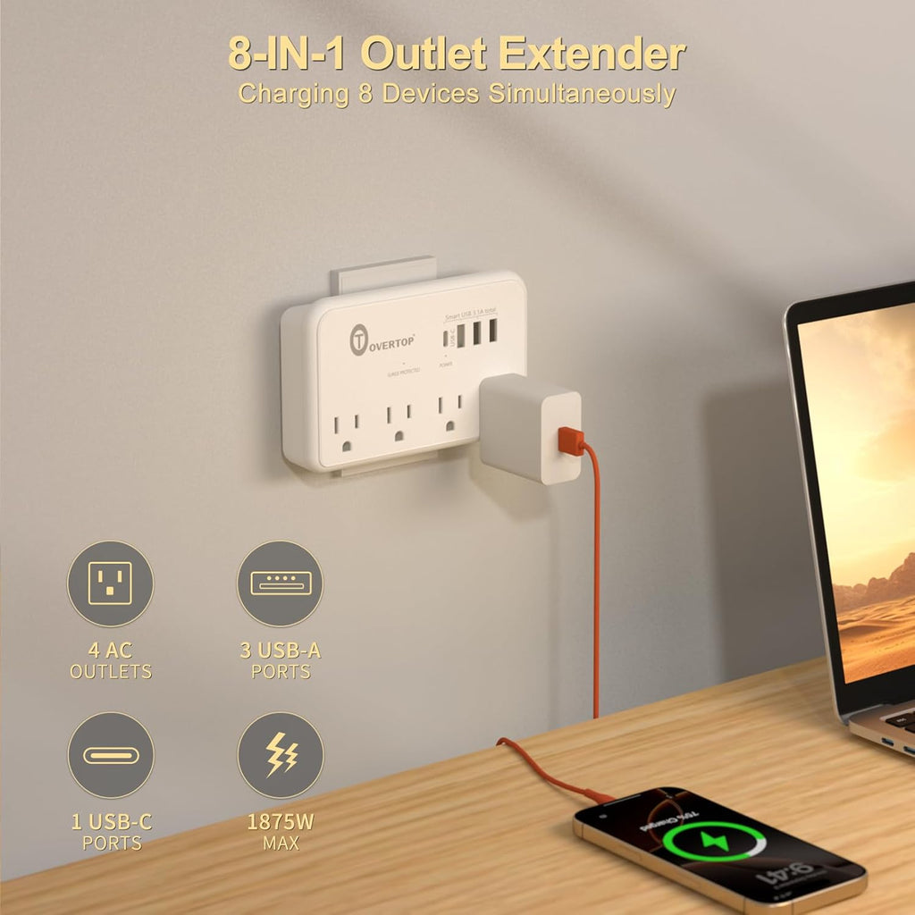 Overtop Wall Outlet Extender Surge Protector with 4 AC Outlets, 4 USB Ports(1 USB C) Multi Plug Expander Charger for Home, Dorm, Classroom, Travel