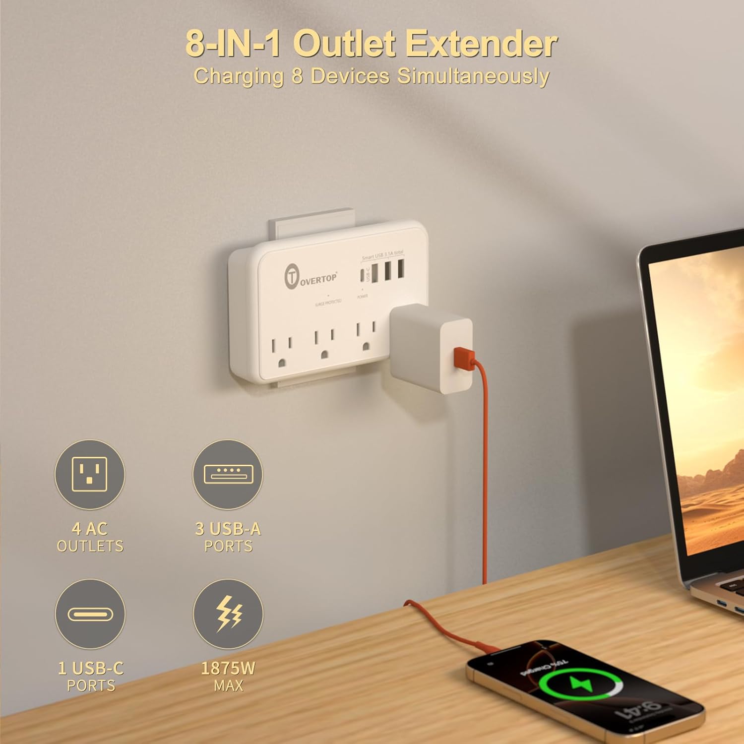 Overtop Wall Outlet Extender Surge Protector with 4 AC Outlets, 4 USB Ports(1 USB C) Multi Plug Expander Charger for Home, Dorm, Classroom, Travel