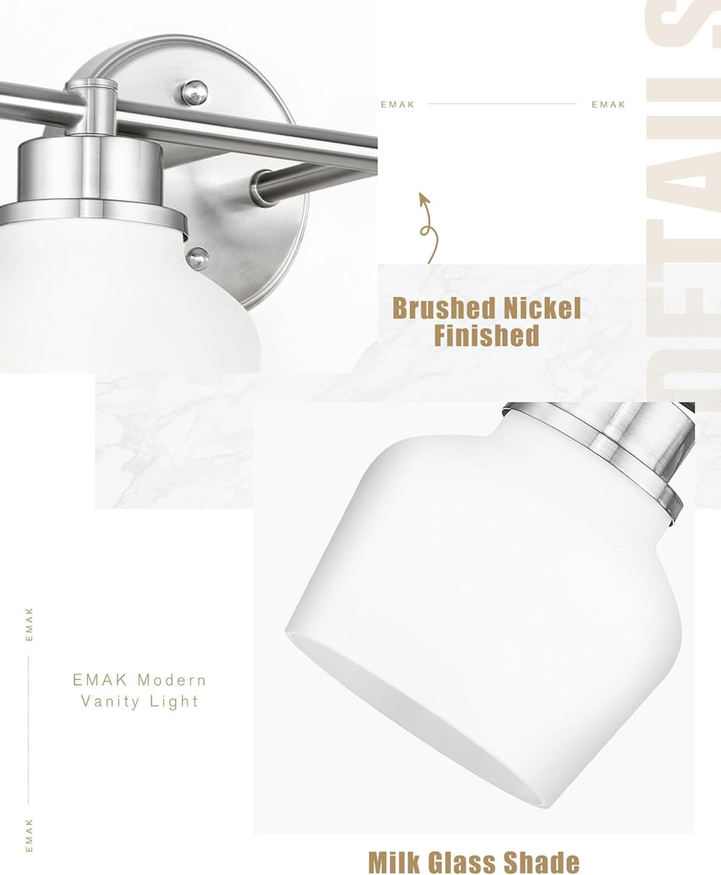 Emak Brushed Nickel Bathroom Light Fixtures Over Mirror, Modern 29 Inch Milk Glass Vanity Light, 4-Light Wall Sconces for Bathroom, Mirror, VL122-BN-ML-4