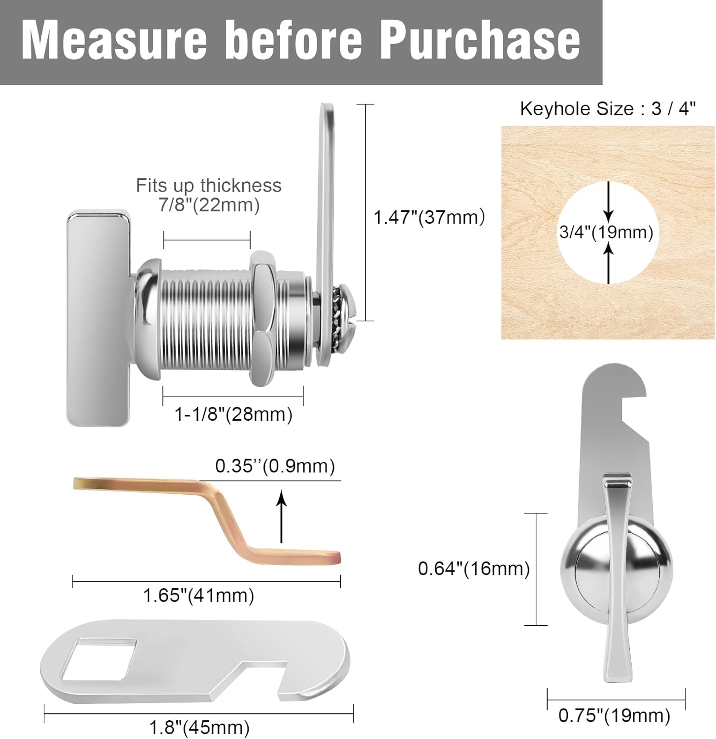 Cam Lock Thumb Operated Offset, 1-1/8” Cabinet Locks 2PCS RV Compartment Lock, RV Storage Locks Replacements Keyless Non-Locking Fits on Camper, Vehicles, Files Drawers (1-1/8 Inch 2Pcs)