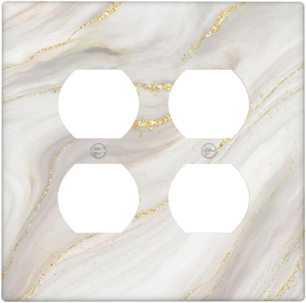 White Grey Gold Marble Simple Tiles Outlet Covers 2 Gang Double Duplex Decorative Light Switch Covers Electrical Wallplates Socket Faceplate for Bathroom Kitchen Decor