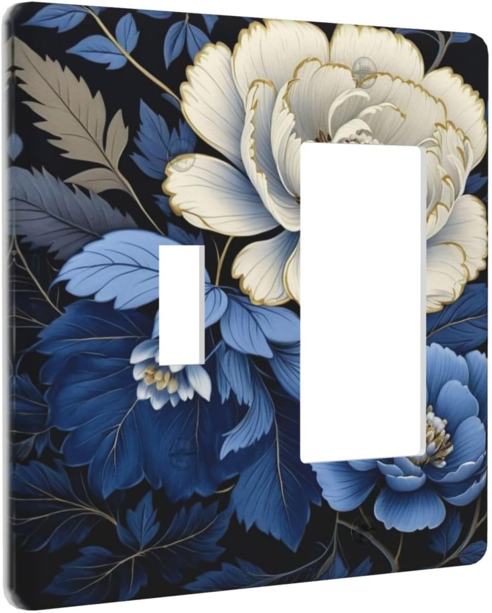 Blue White Flowers Light Switch Covers 2 Gang Single Toggle Rocker Combination Wall Plate Cover Electrical Faceplate Decorative Switchplate for Farmhouse Living Decor