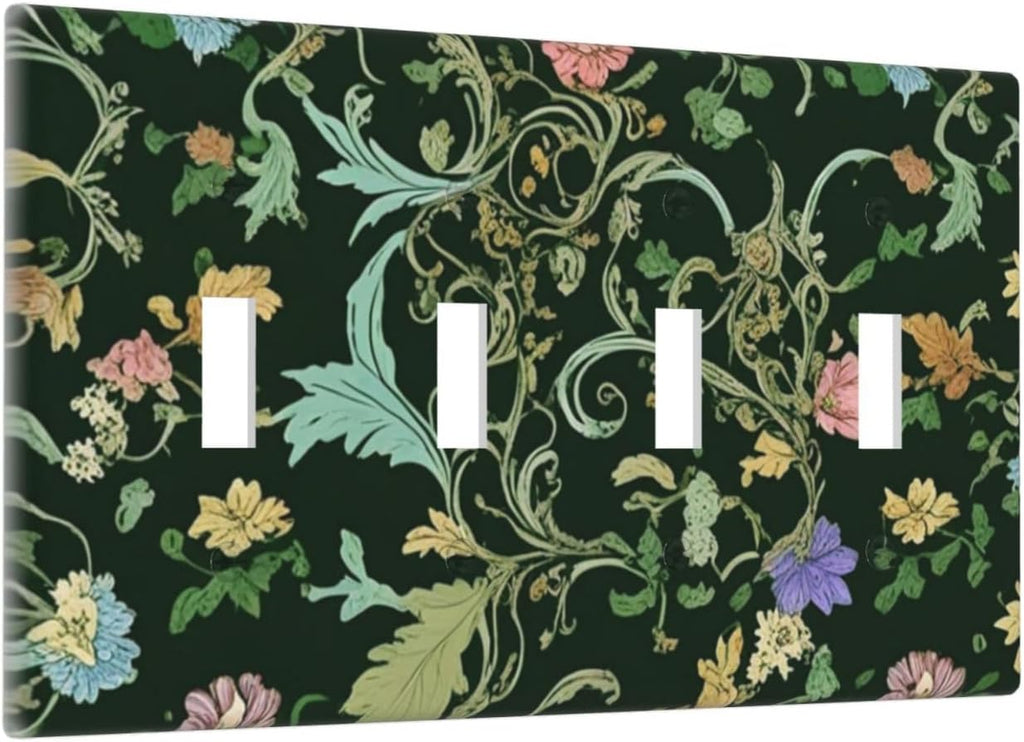 Decorative Light Switch Cover Plate Vintage Green Leaf Plant Rustic Pink Flower 4 Gang Wall Plate Oversized Quad Toggle Switch Cover Plate Jumbo Faceplate for Home Decor