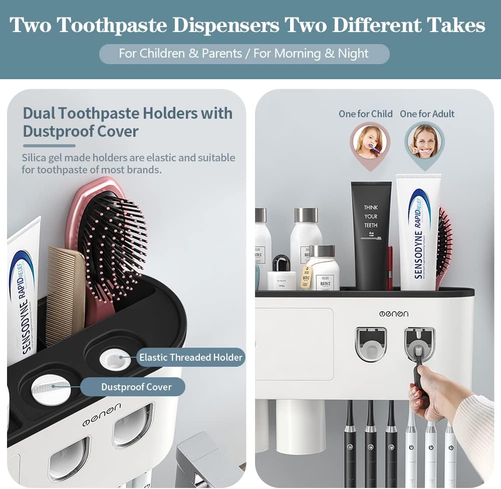 Toothbrush Holders Wall Mounted, Toothbrush Holder with Automatic Toothpaste Dispensers, 6 Brush Slots, 2 Magnetic Cups,1 Cosmetic Drawer Organizer and 1 Large Storage Tray