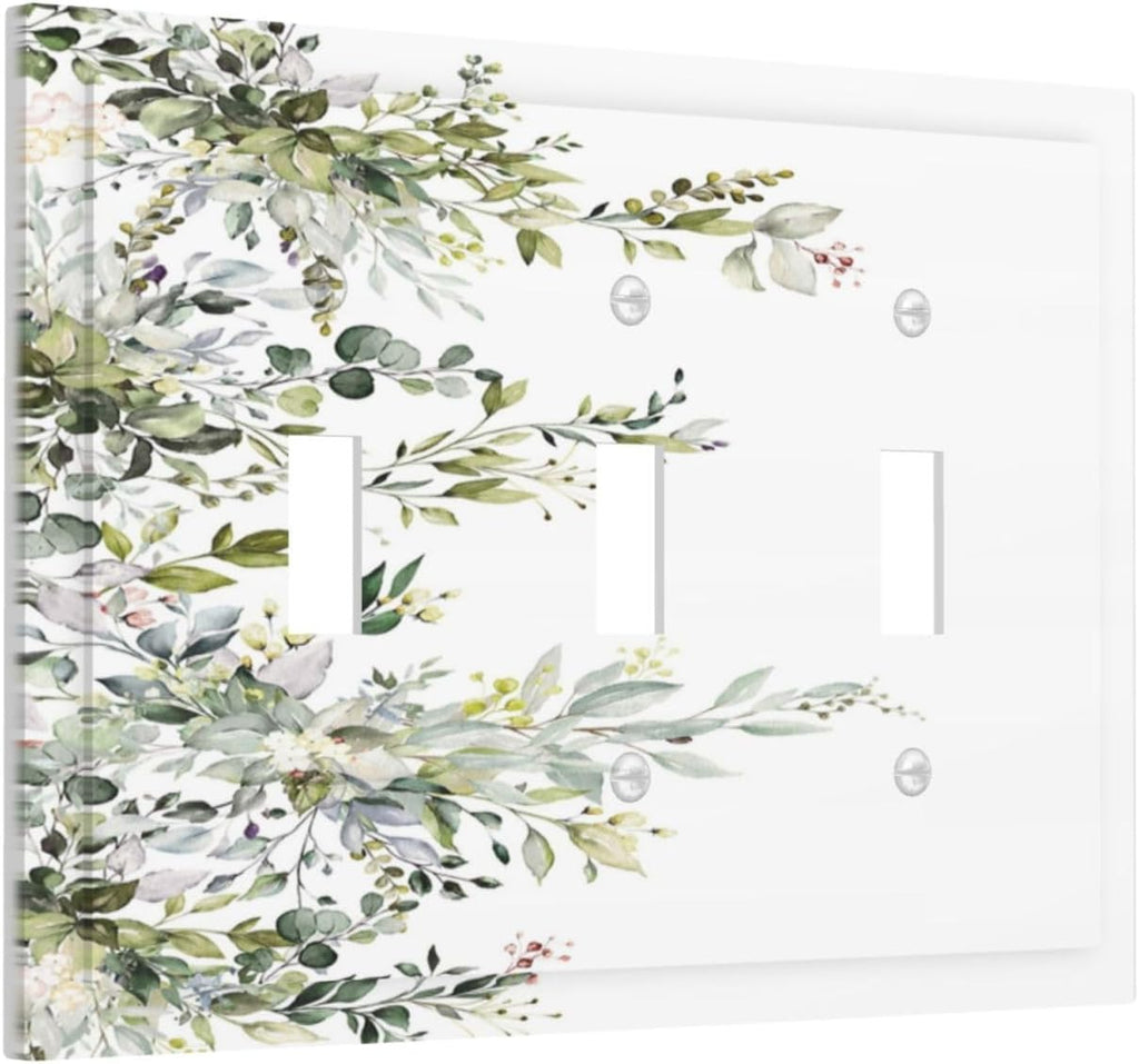 Decorative Light Switch Plate Covers Rustic Eucalyptus Leaves Green Leaf 3 Gang Light Switch Cover Triple Toggle Wall Plate Outlet Covers for Bedroom Home Decor
