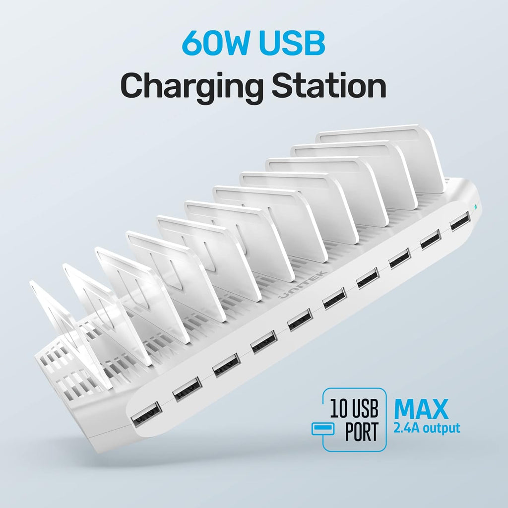 【5PCS】 Unitek Multi Charging Station, 10-Port USB Charger for Multiple Device with SmartIC Tech and Adjustable Dividers, Organizer Stand Compatible with iPad, Tablet, Kindle, iPhone - 5PCS, White