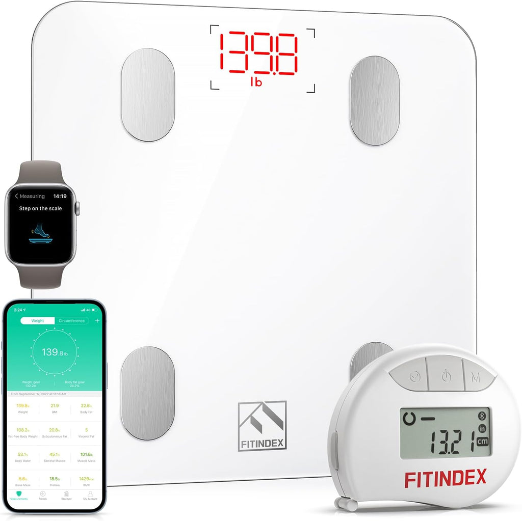 FITINDEX Smart Scale and Tape Measure, Digital Bathroom Scale & Body Tape Measure Sync with APP, Bluetooth Weighing Machine, Body Composition Analyzer, for Health Care
