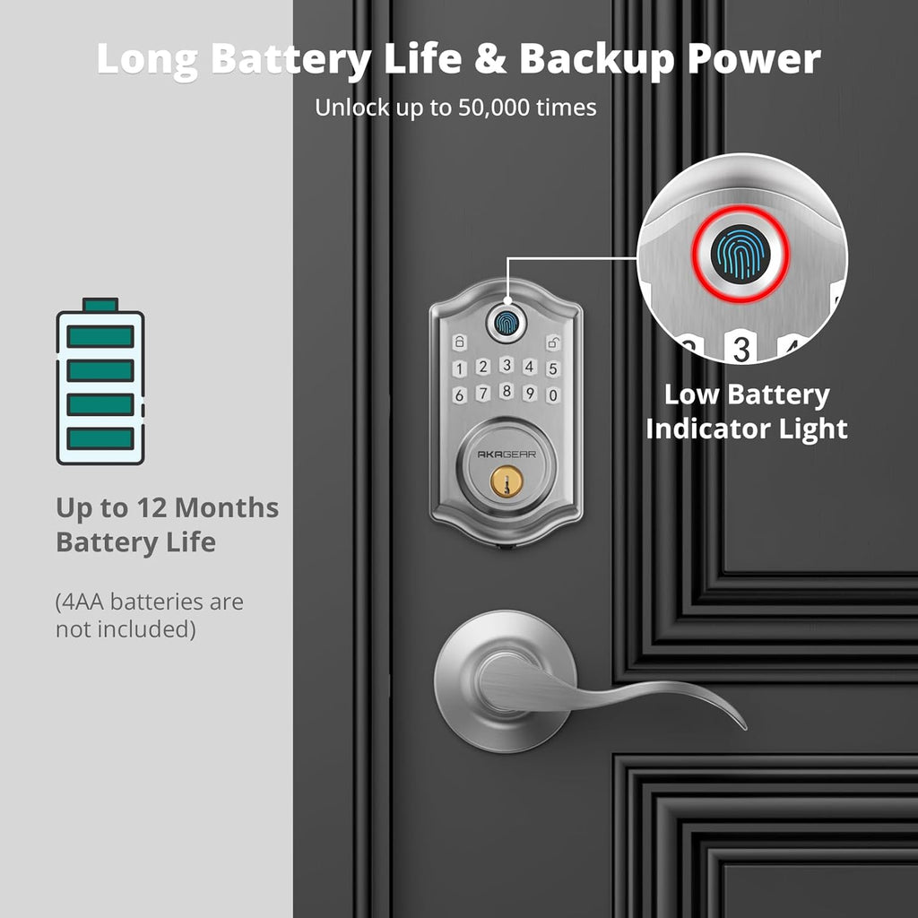 DS10 Keyless Entry Door Lock with Handle - 2 Lever Handles, Fingerprint Door Lock, Keypad Deadbolt, 2 Keys, Code, Smart Locks for Front Door, Auto-Lock, Easy Installation - Satin Nickel