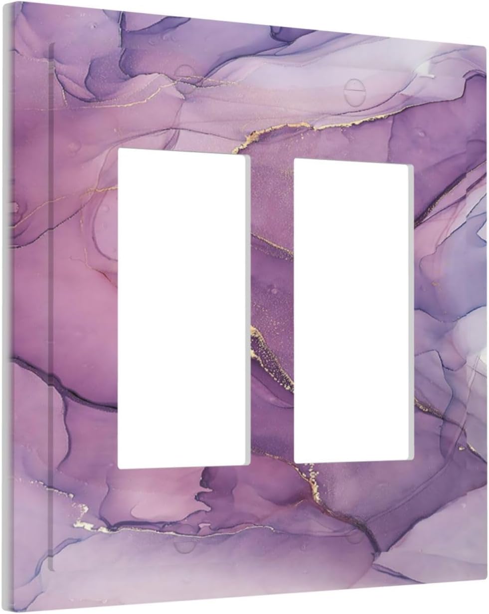 Decorative Outlet Covers Purple Marbling Golden Line 2 Gang Double GFCI Rocker Electrical Wall Panels Light Switch Cover Plate for living Room Bathroom Decor