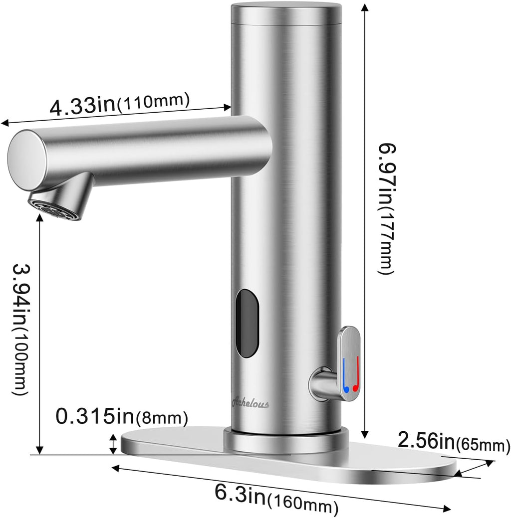 Achelous Stainless Steel Automatic Touchless Bathroom Sink Faucet, Hands Free Infrared Sensor Basin Faucet with Temperature Control, Battery Powered Sensor Bathroom Tap Brushed Nickel