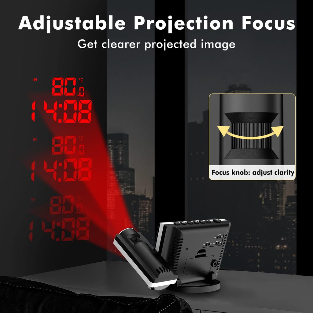 DR.PREPARE Projection Alarm Clock, Adjustable Projection Focus, Wireless Indoor Outdoor Temperature Humidity Monitor, 180° Projector, Snooze, Weather Forecast, Dual Alarms for Bedroom, Heavy Sleeper