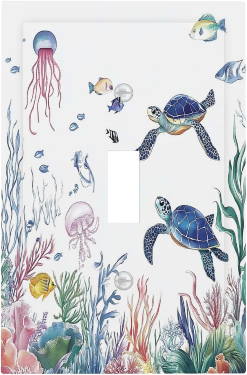 Blue Sea Turtle Ocean Fish Octopus Coral Decorative Light Switch Cover 1 Gang Single Toggle Device Electrical Faceplate Switchplates Decorator Outlet Wall Plate For Bathroom Kids Room Decor