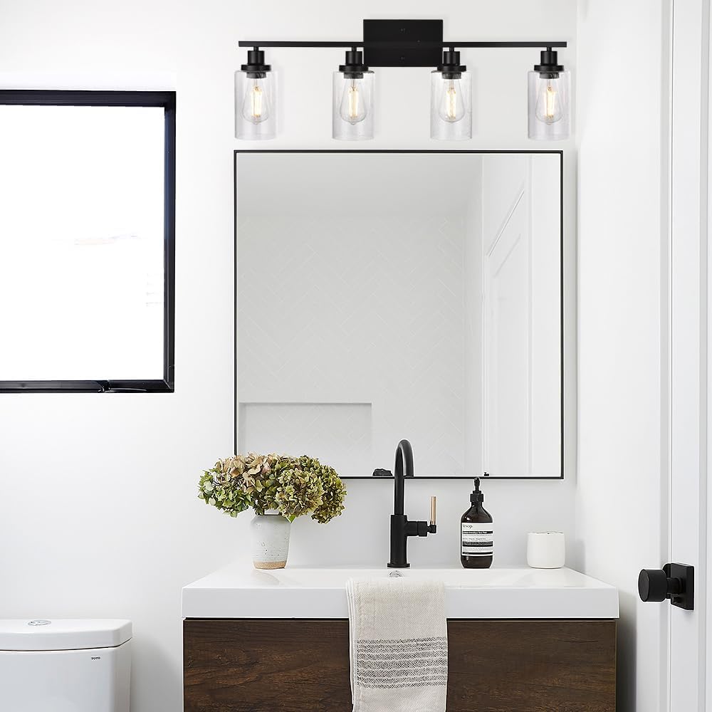 Black 4-Light Bathroom Light Fixtures with Seeded Glass Shade, 31-Inches Length Farmhouse Vanity Lights Over Mirror for Cabinet Kitchen Bedroom