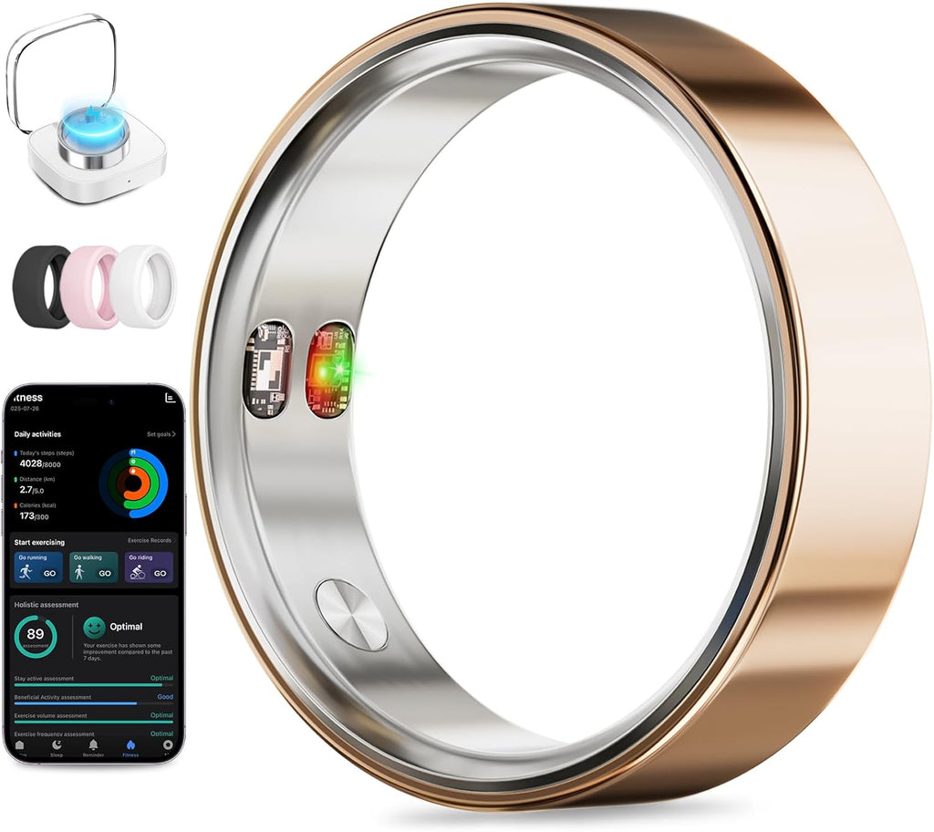 Smart Ring with Vibration Alerts, health tracker ring with Body Temperature Monitor, Heart Rate, Sleep & Fitness Tracking, Waterproof Activity Ring for Men & Women, No App Fees (Rose Gold, 6#)