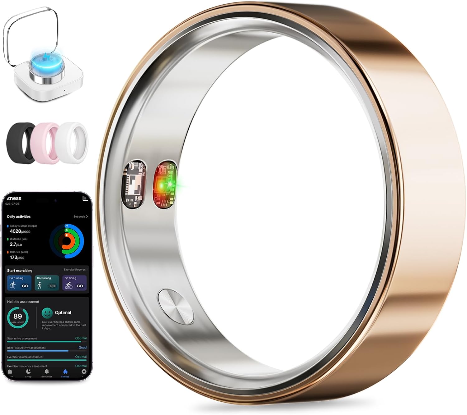 Smart Ring with Vibration Alerts, health tracker ring with Body Temperature Monitor, Heart Rate, Sleep & Fitness Tracking, Waterproof Activity Ring for Men & Women, No App Fees (Rose Gold, 12#)