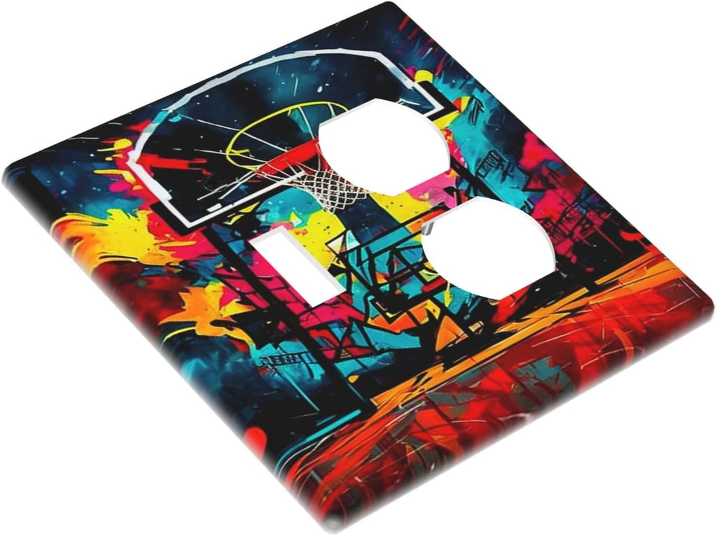 Decorative Outlet Covers Scrawl Colorful Basketball Graffiti Hoop 2 Gang Wall Plate Cover Single Toggle Duplex Combo Two Switch Light Switch Cover Plate Jumbo Dual GFCI Faceplate