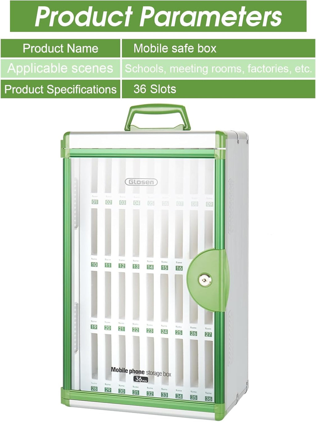 Glosen 36 Slots Cell Phone Locker, Portable Phone Storage Cabinet [Wall Mounted] [Aluminum Alloy] Cellphone Lock Box with Key & Handle for School Classroom Office Exam (Green)