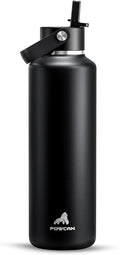 POWCAN 24 oz Slim Insulated Water Bottle with Straw: Leakproof, Keep Cold 24H, Cupholder Friendly, Top Handle, BPA-free, Stainless Steel Water Bottle for Sport, Travel, School, Gym (Midnight Black)