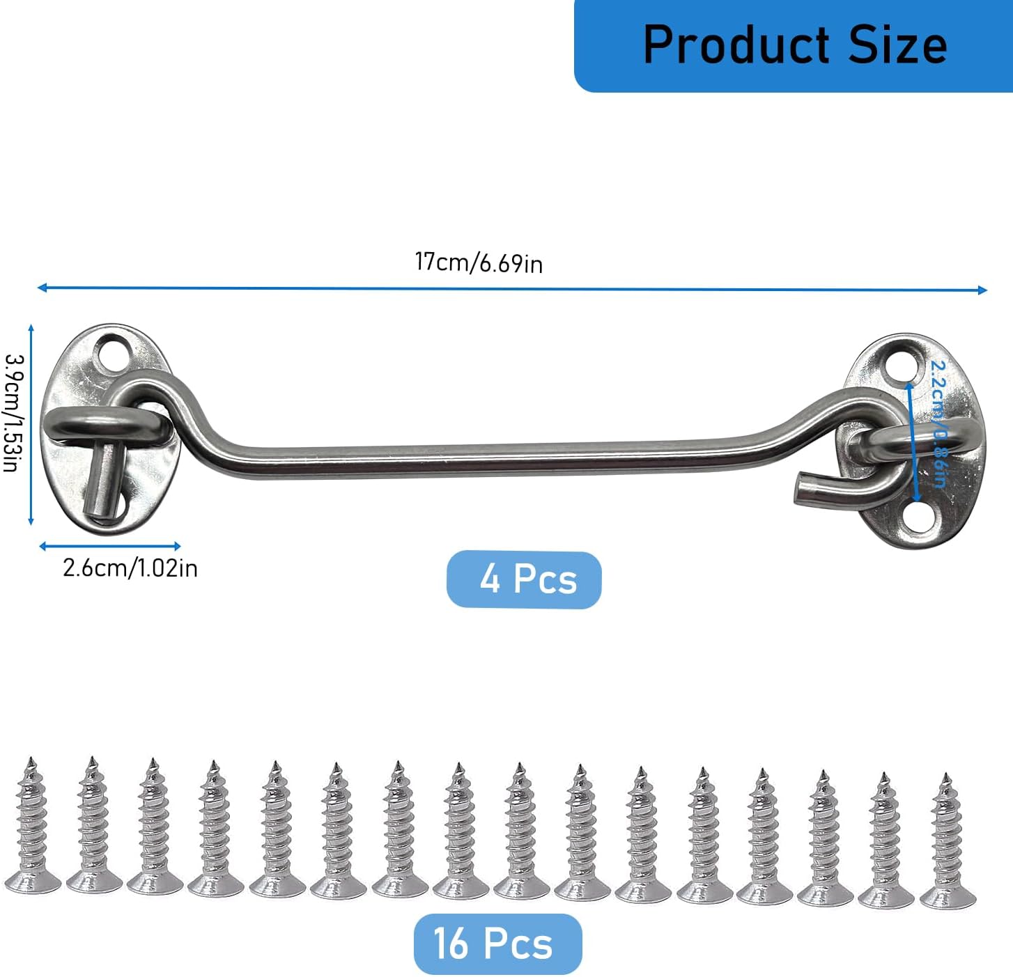 4 Pack 6" Hook and Eye Gate Latch, Stainless Steel Rust-Resistant Barn Door Lock Cabin Hooks for Gate Shutters Window Slide Barn Shed Cabinet Bathroom, with 16pcs Screw,Silver