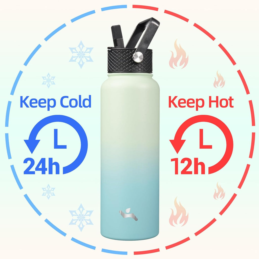 40oz Insulated Water Bottle Stainless Steel Sport Bottles with 3 Lids,Mint