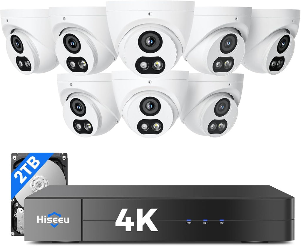 【121°Wide View+4K HD】 Hiseeu 4K Security Camera System, 8 Pcs 8MP PoE Security Camera Outdoor&Indoor, No Monthly Fee, Human Vehicle Detect, Smart Playback, 2TB Hard Drive for Surveillance 7/24 Record