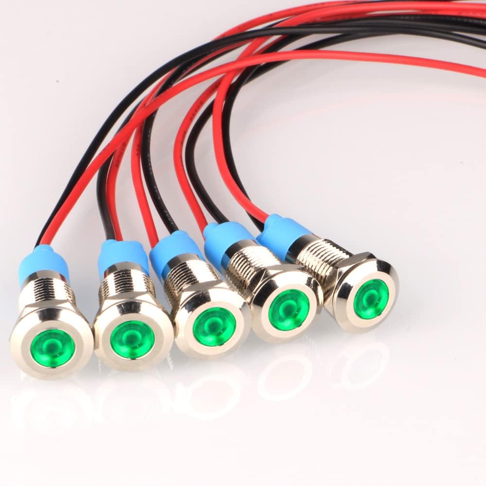 5pcs 8mm LED Metal Indicator Light AC/DC 12-24V Waterproof Signal Lamp Pilot Dash Directional with Wire(Green)