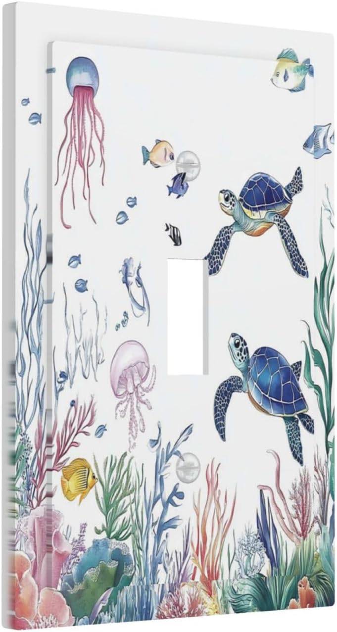 Blue Sea Turtle Ocean Fish Octopus Coral Decorative Light Switch Cover 1 Gang Single Toggle Device Electrical Faceplate Switchplates Decorator Outlet Wall Plate For Bathroom Kids Room Decor