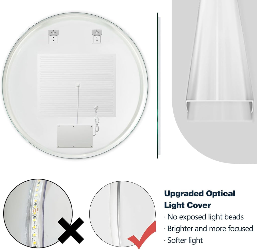 Niccy Round Led Mirror for Bathroom, 36" Circle Frameless Backlit Mirror wiht Light, Anti-Fog, 3 Colors, Waterproof, Memory Function