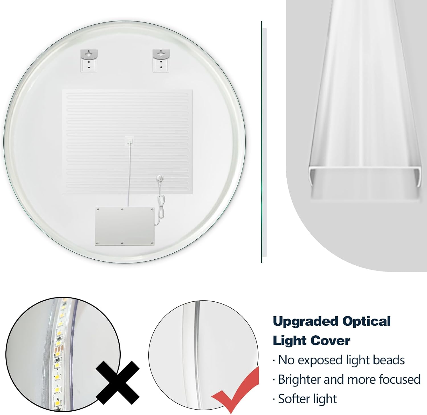 Niccy Round Led Mirror for Bathroom, 36" Circle Frameless Backlit Mirror wiht Light, Anti-Fog, 3 Colors, Waterproof, Memory Function