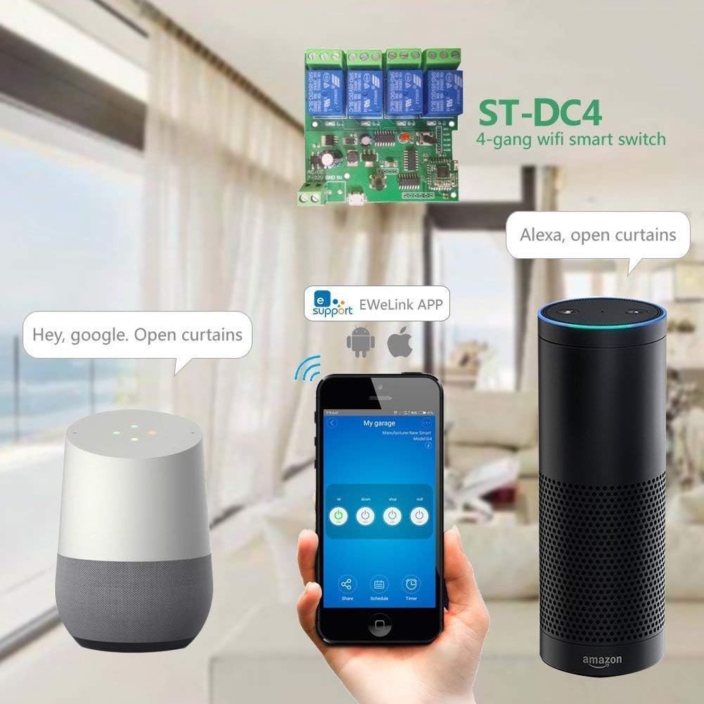 WiFi Wireless Inching Relay Monentary/Self-Locking Switch Module DIY Smart Home Remote Control DC 5-32V AC90-260V Ewelink App iOS/Andriod Compatible with Alexa Echo Google Home IFTTT (DC4)