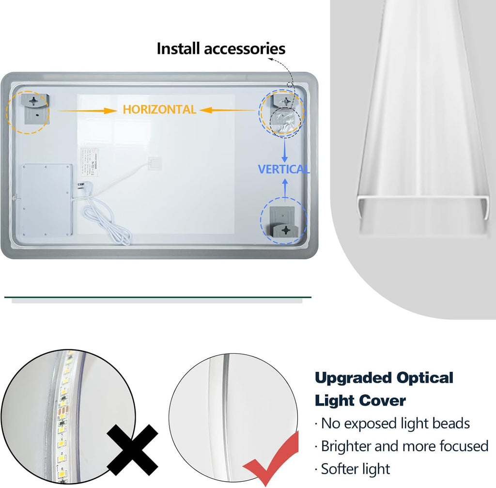 Niccy Led Mirror for Bathroom, 32"x20" Frameless Frontlit and Backlit Mirror for Wall Lighted Mirror with Bedroom 3 Color, Defogger, Explosion-Proof, HD Glass, IP65 Vanity Mirror Horizontal/Vertical