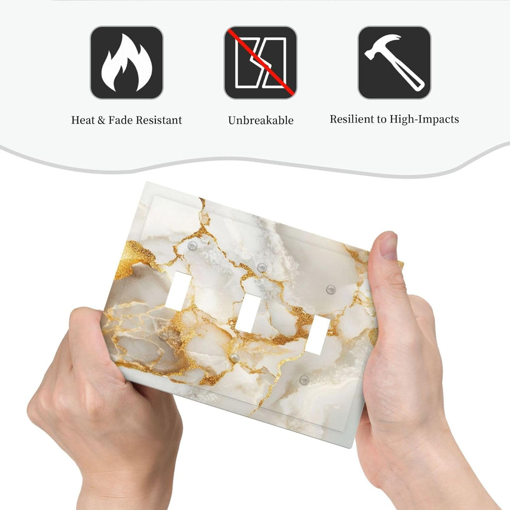 Gold Marble Crack Simple Abstract Print Decorative Switch Plates 3 Gang Wall Plate Triple Toggle Light Switch Cover Faceplate Electrical Wall Panels for Bathroom Kitchen Home Decor